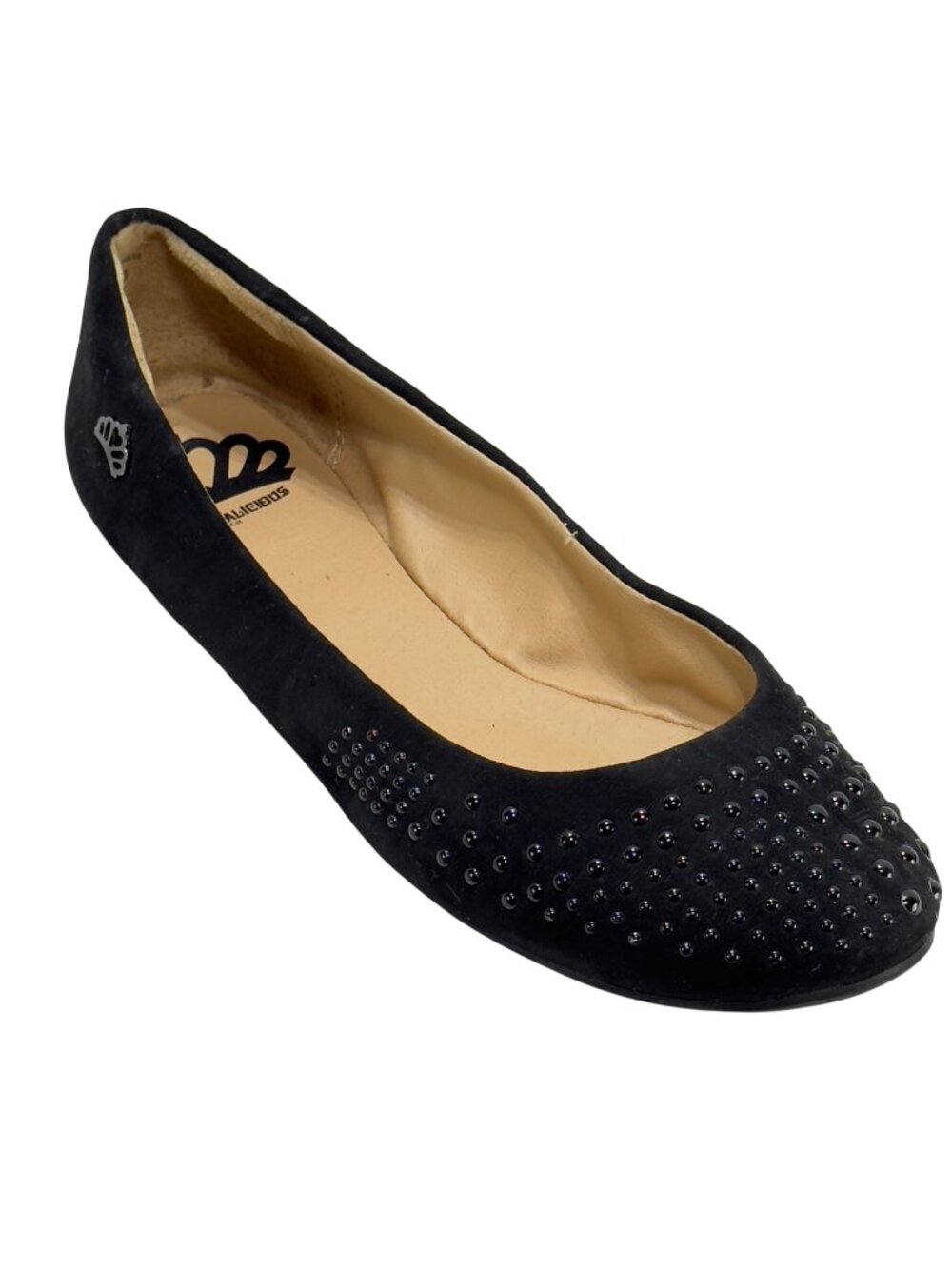 Black Suede Ballet Flats With Rhinestone Studded Upper By Flex & Friends